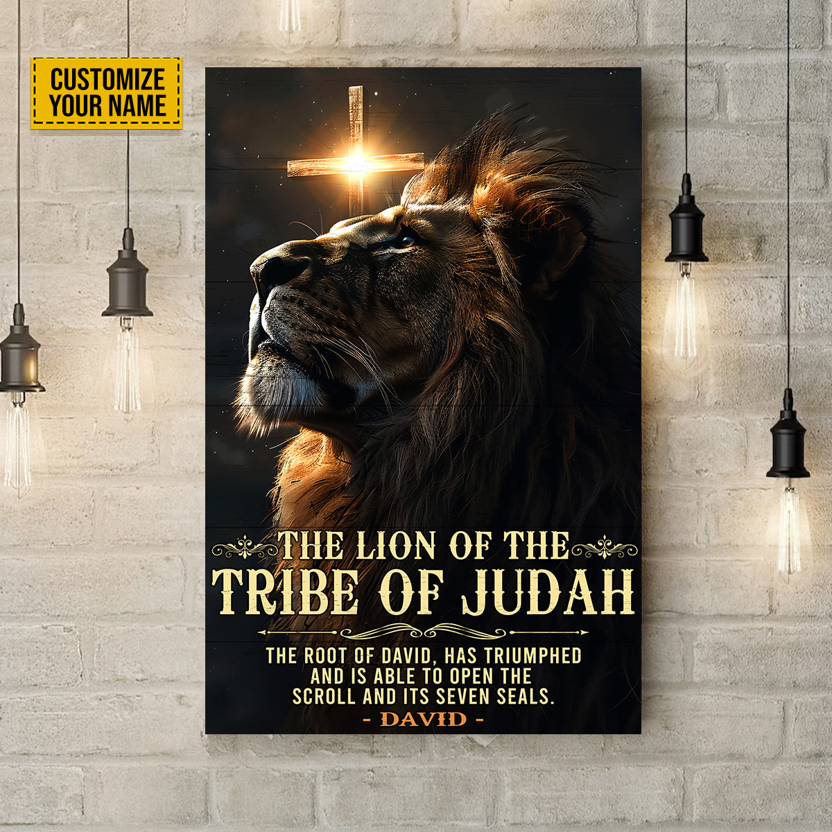 Teesdily | Personalized Jesus Cross Lion Poster, The Lion Of The Tribe Of Judah Poster, Christ Wall Art Bible Quote, Poster No Frame/ Wrapped Canvas