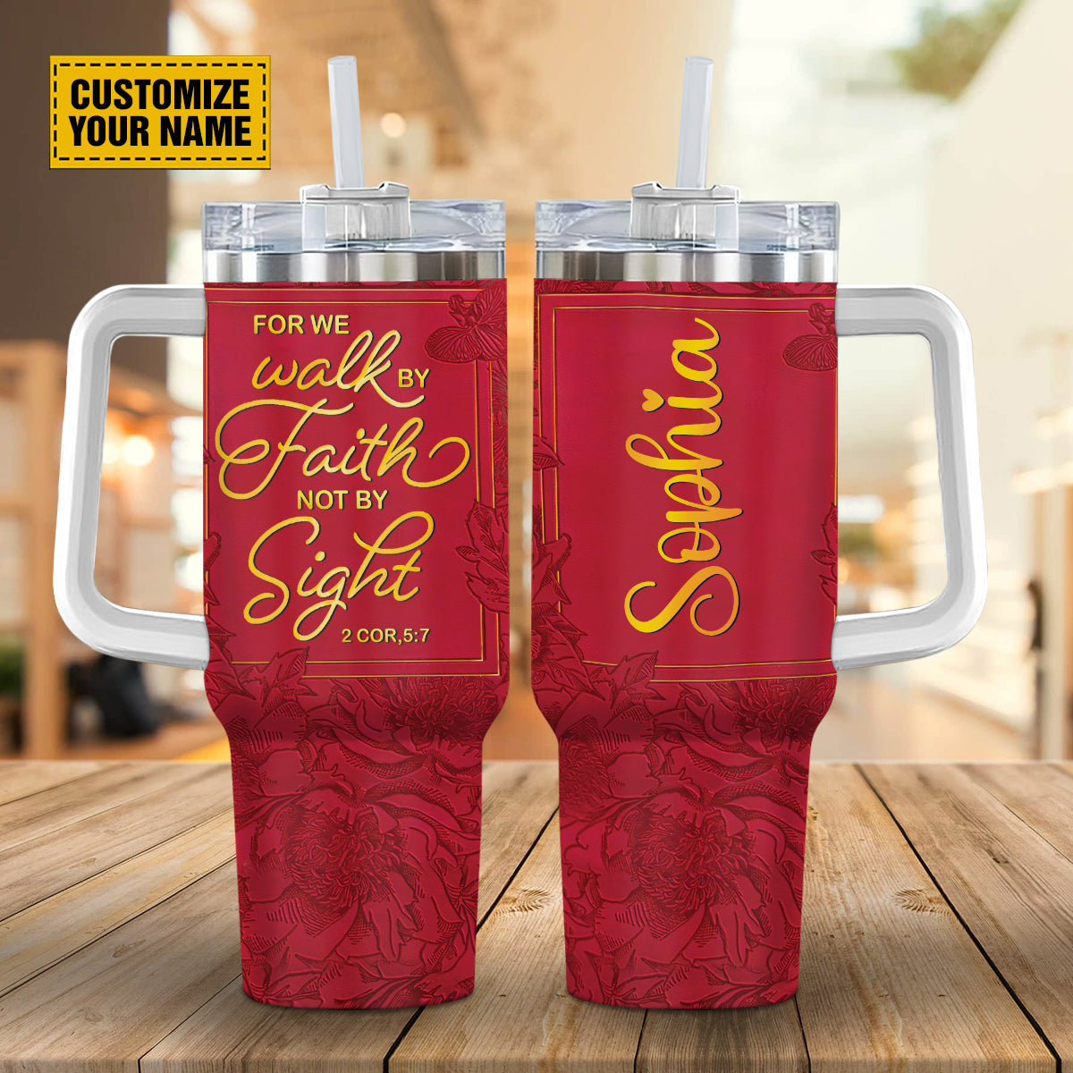 Teesdily | Customized Floral Minimalist Water Tumbler, We Walk By Faith Not By Sight Tumbler Cups, Religious Gifts 40Oz Tumbler With Handle & Straw