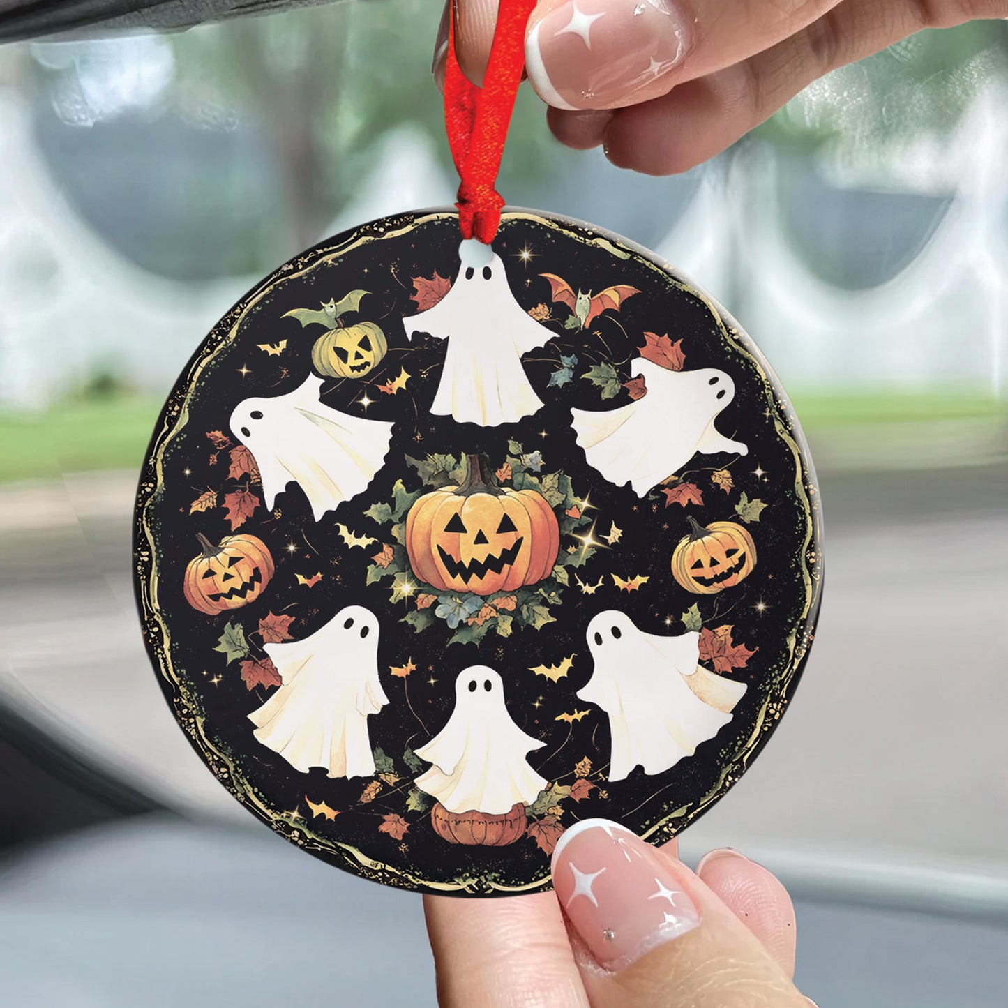 Teesdily | Halloween Cute Ghost Pumpkin Ceramic Ornament, Spooky Halloween Acrylic Ornament, Boo Boo Crew Window Hanging Ornament, Halloween Gifts