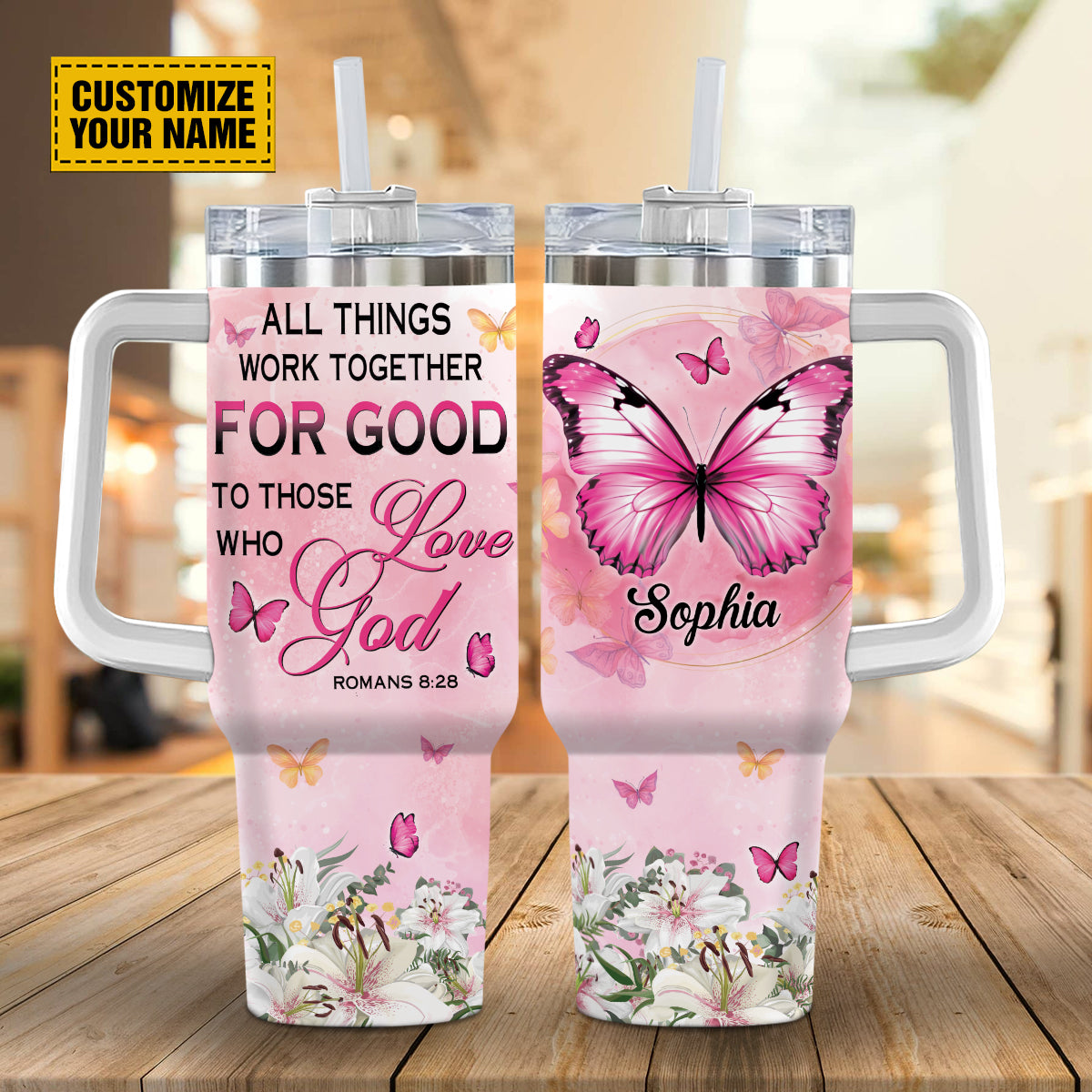 Teesdily | Customized Floral Butterfly Romans 8:28 Tumbler, All Things Work Together Travel Cup, Christian Gift For Girls 40Oz Tumbler With Handle & Straw
