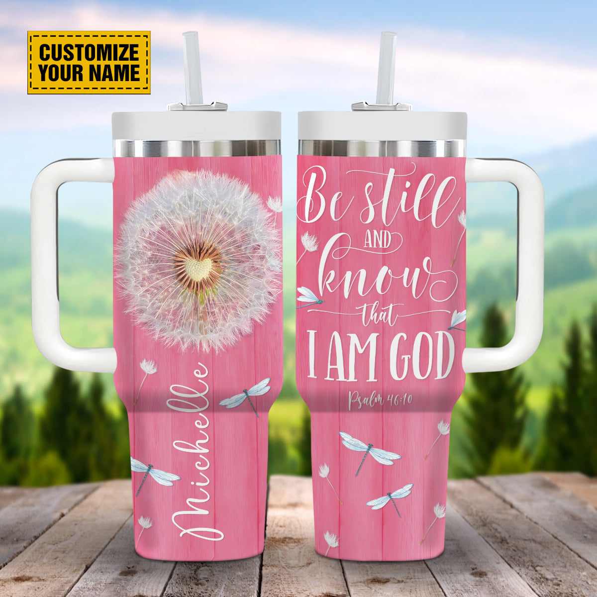 Teesdily | Customized Dandelion Dragonfly Tumbler Cups, Be Still And Know That I Am God, Christian Gifts For Women, Religious Gifts 40Oz Tumbler With Handle & Straw