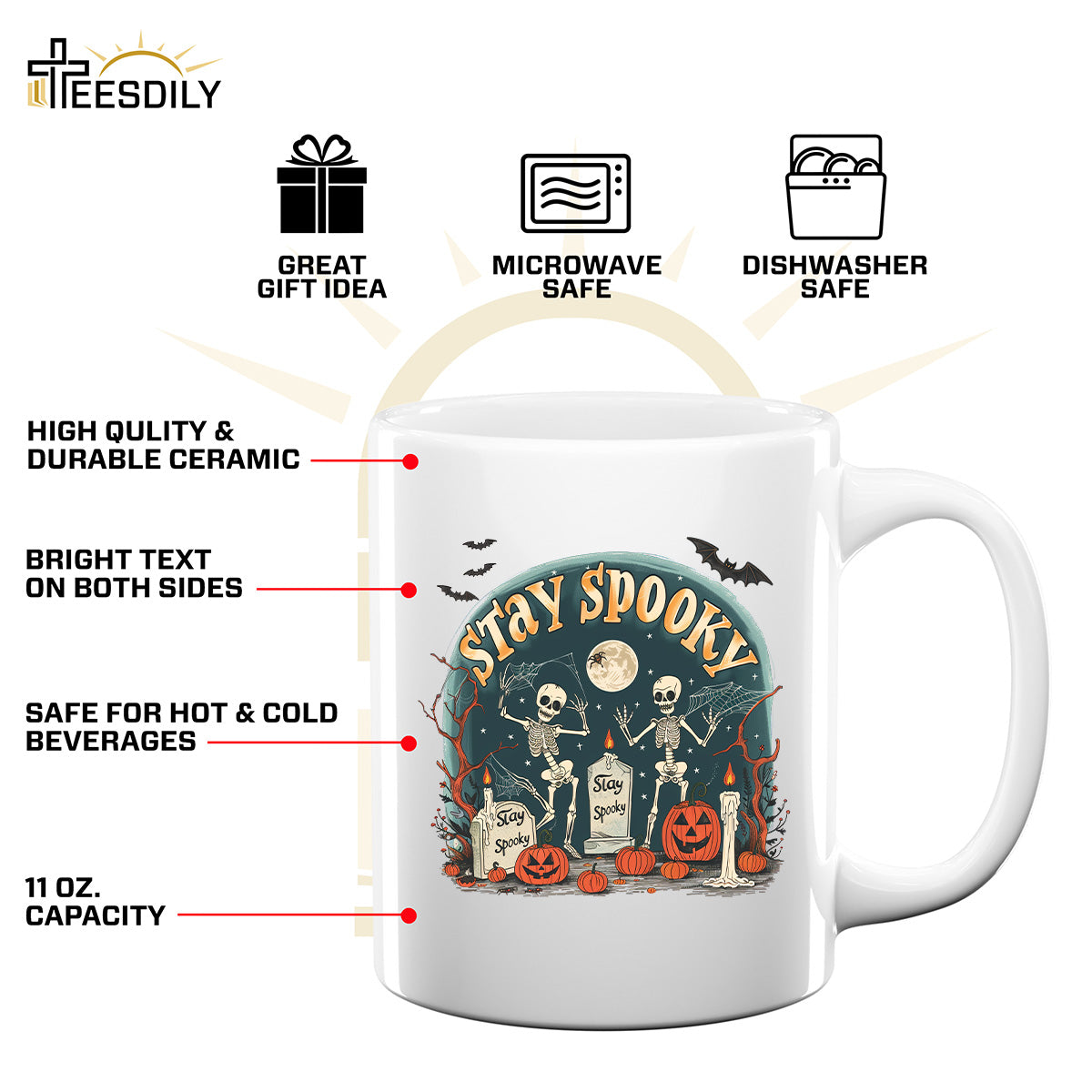 Teesdily | Skeleton Halloween Shirt, Stay Spooky Shirt, Dancing Skeleton Shirt, Retro Halloween Spooky Season Sweatshirt Hoodie Mug