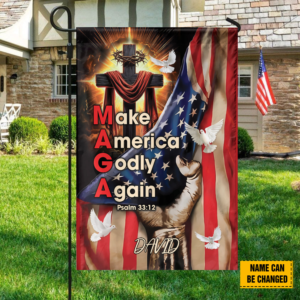 Teesdily | Personalized Cross American Flag, Make America Godly Again House Flag, God Garden Flag Decor Independence Day, Jesus Lover Gifts
