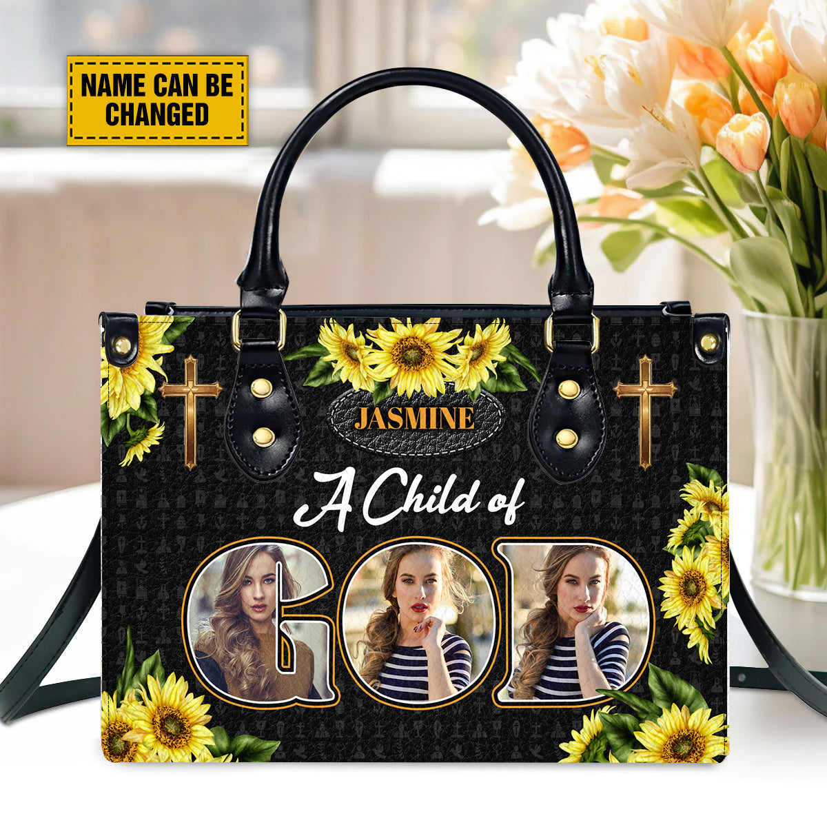 Teesdily | Customized Sunflower Jesus Cross Leather Handbag, Christian Leather Handbag A Child Of God, Jesus Lovers Gift