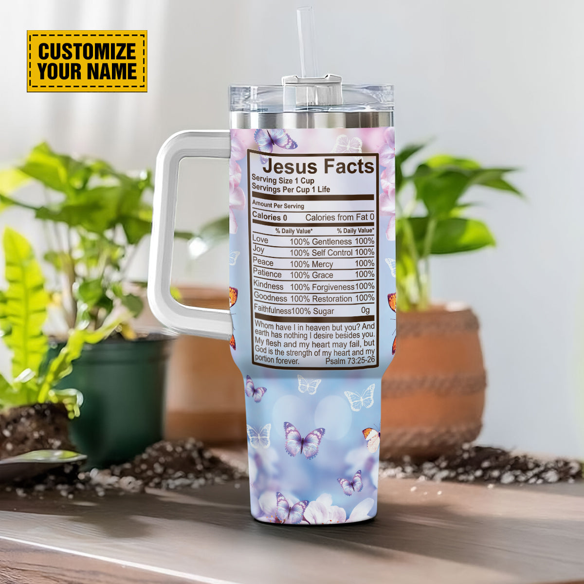 Teesdily | Customized Butterfly Insulated Tumbler, Faith Over Fear Jesus Facts 40oz Tumbler With Handle, God Faith Believers, God Inspirational Gifts