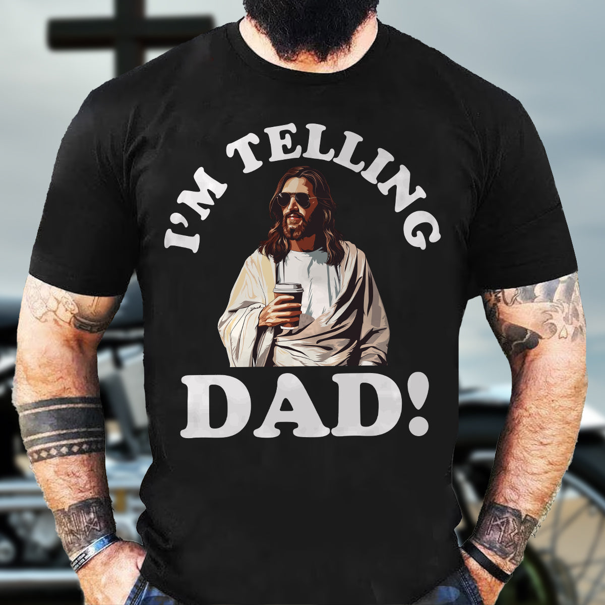 Teesdily | I'm Telling Dad Jesus T-Shirt, Cool Jesus Coffee Shirt, Jesus Coffee Tee, Dad Gift, Unisex Tshirt Hoodie Sweatshirt Size S-5xl / Mug 11-15oz