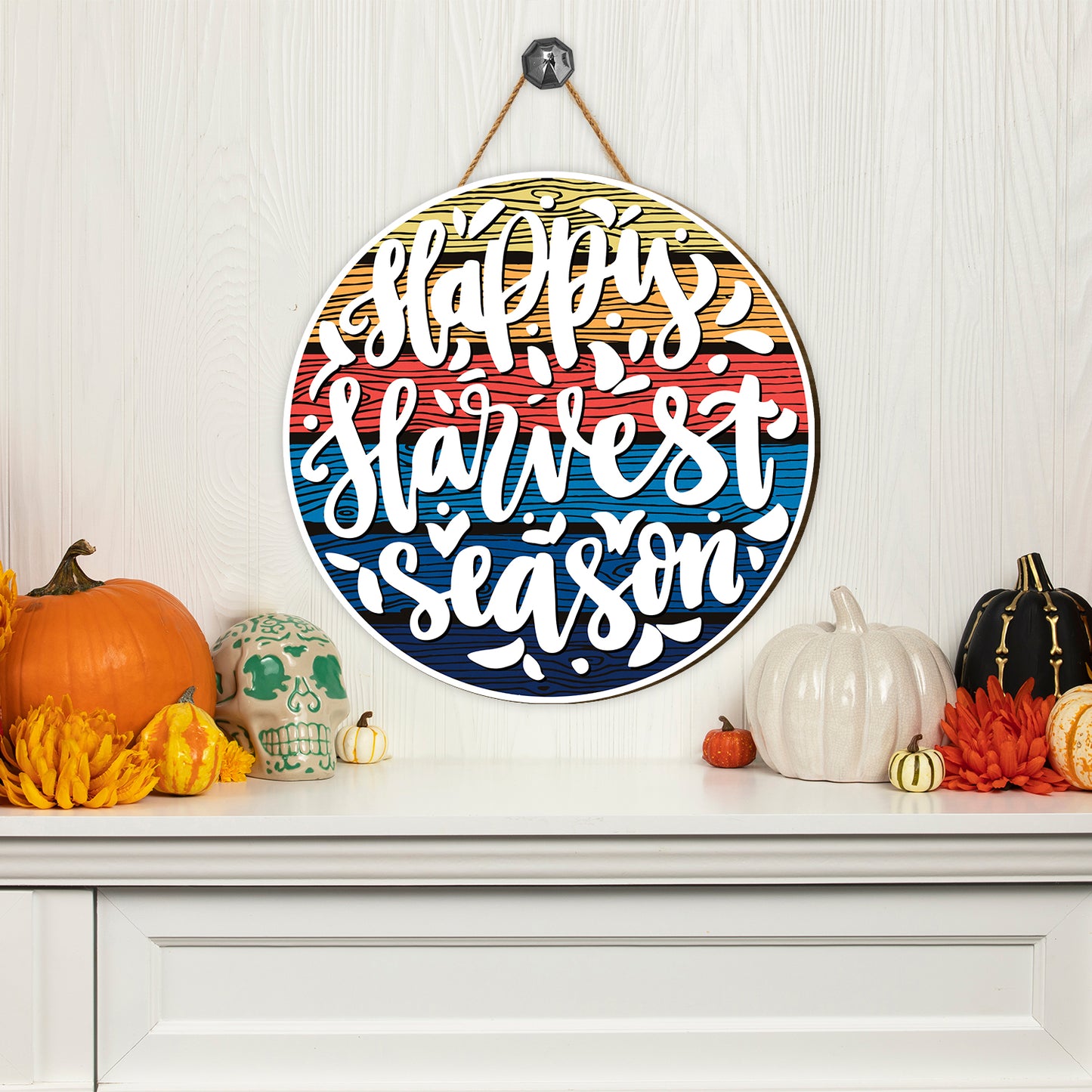 Teesdily | Thanksgiving Round Hanging Sign, Happy Harvest Season Vintage Wood Sign, Farmer Harvest Day Home Decoration, Farmhouse Wood Door Hanger
