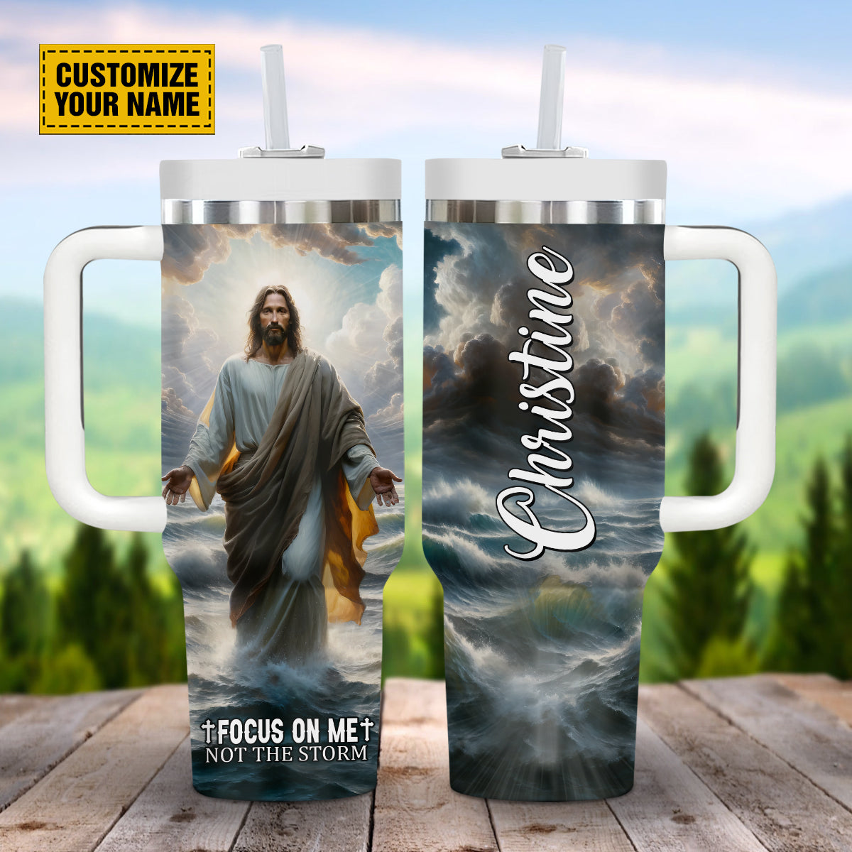 Teesdily | Customized Jesus Portrait Art Water Tumbler, Focus On Me Not The Storm Insulated Cup, Jesus Walk On Water 40Oz Tumbler With Handle & Straw