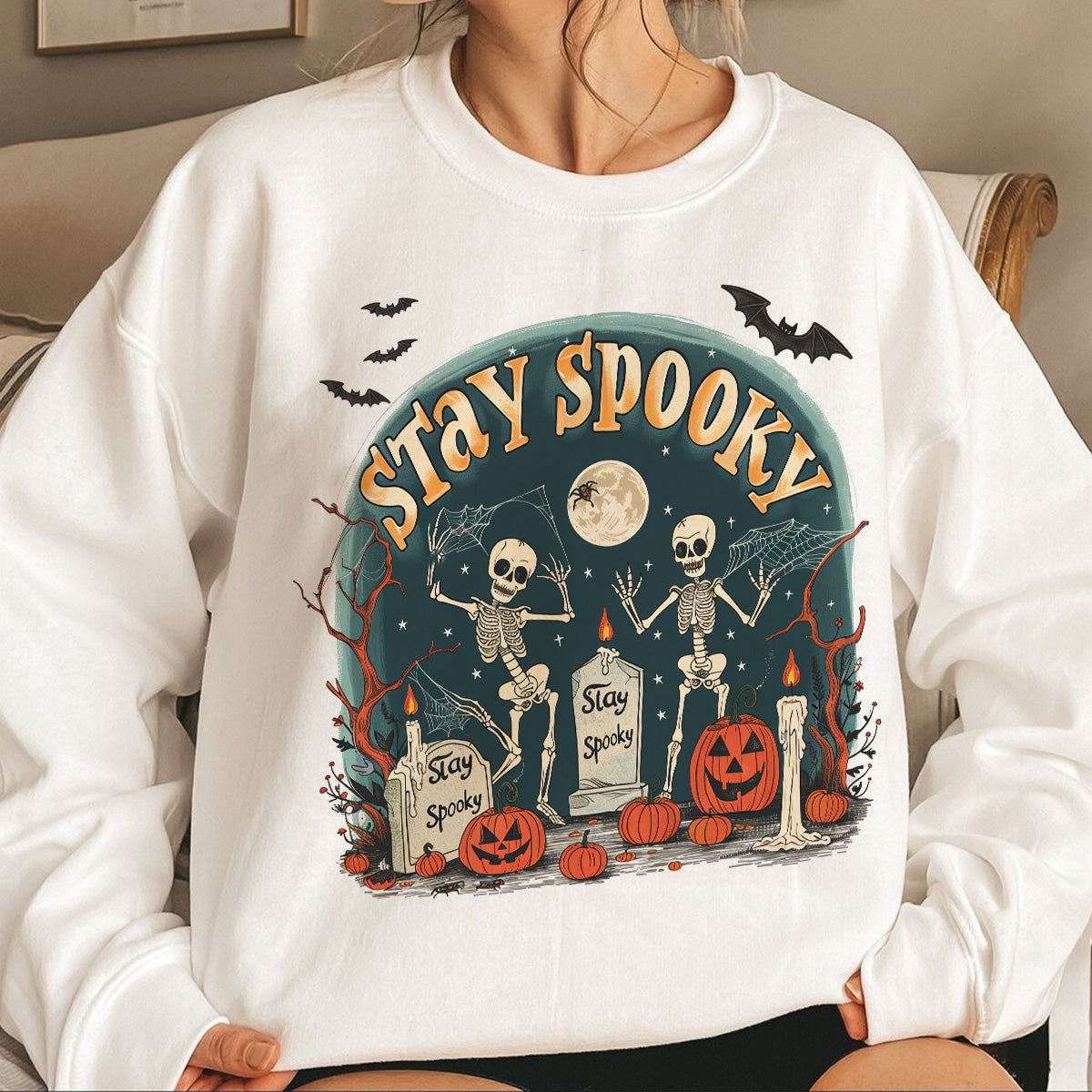 Teesdily | Skeleton Halloween Shirt, Stay Spooky Shirt, Dancing Skeleton Shirt, Retro Halloween Spooky Season Sweatshirt Hoodie Mug