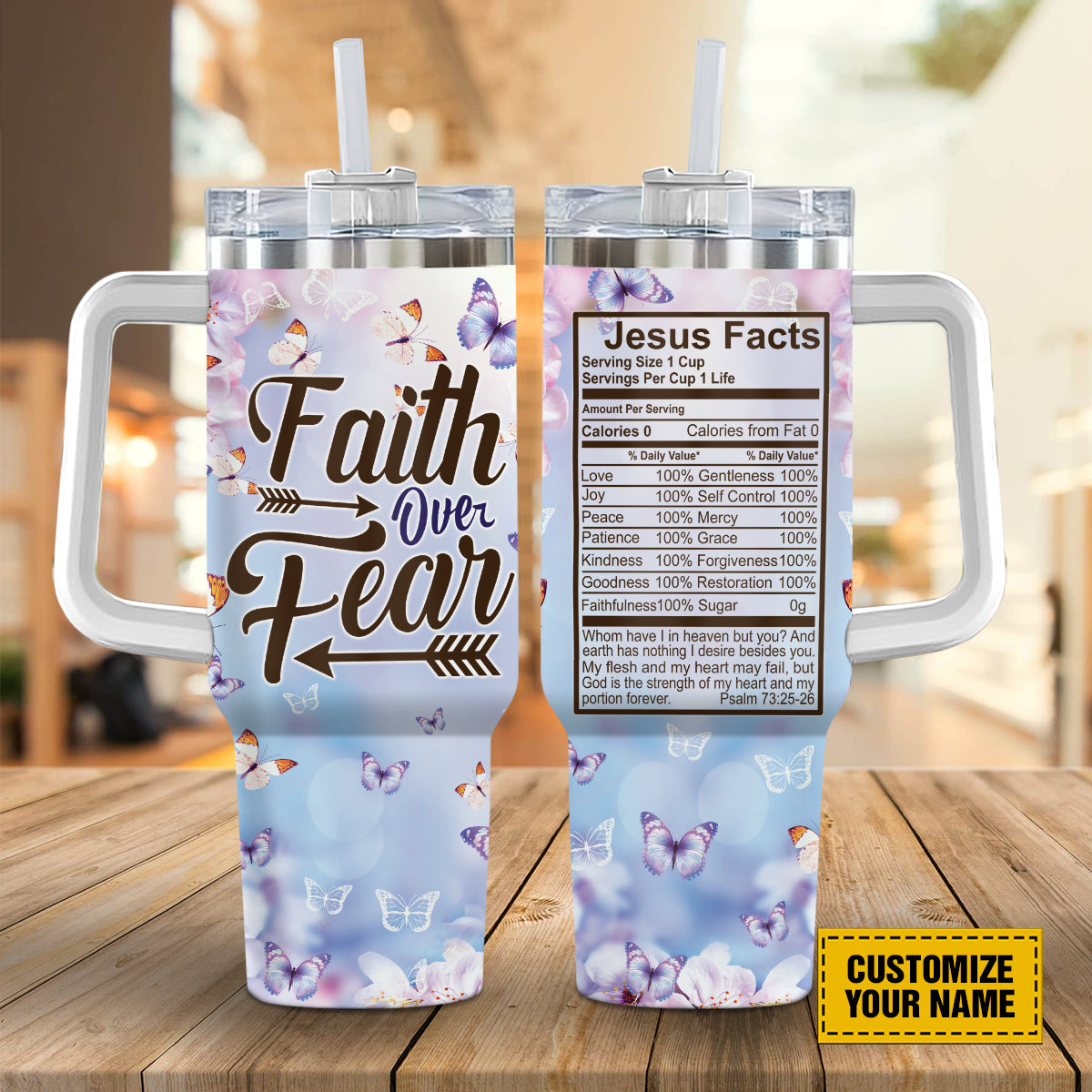 Teesdily | Customized Butterfly Insulated Tumbler, Faith Over Fear Jesus Facts 40oz Tumbler With Handle, God Faith Believers, God Inspirational Gifts