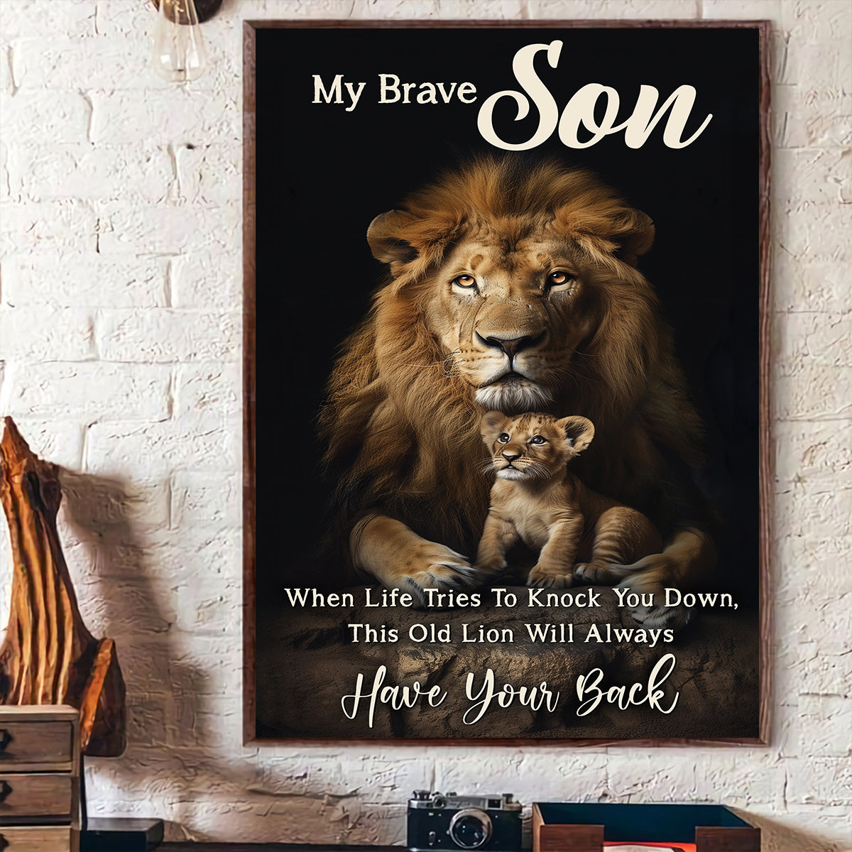 Teesdily | Jesus Lion Poster For Dad, My Brave Son When Life Tries To Knock You Down, Lion Jesus Poster, Son Gift From Dad, No Frame/ Wrapped Canvas