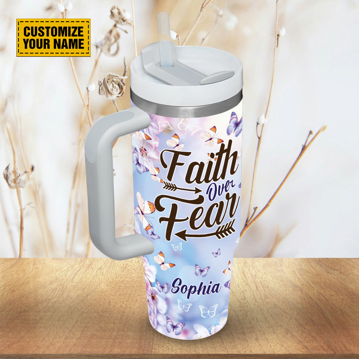Teesdily | Customized Butterfly Insulated Tumbler, Faith Over Fear Jesus Facts 40oz Tumbler With Handle, God Faith Believers, God Inspirational Gifts