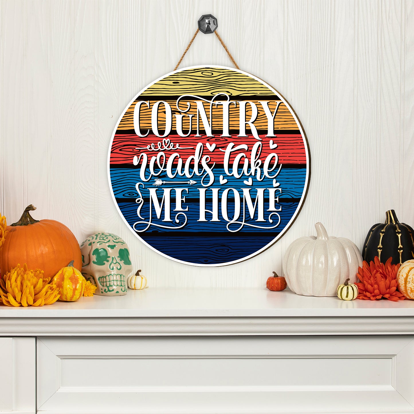 Teesdily | Thanksgiving Front Door Sign, Country Roads Take Me Home Vintage Hanging Sign, Thanksgiving Harvest Day Home Decor, Farmhouse Door Sign