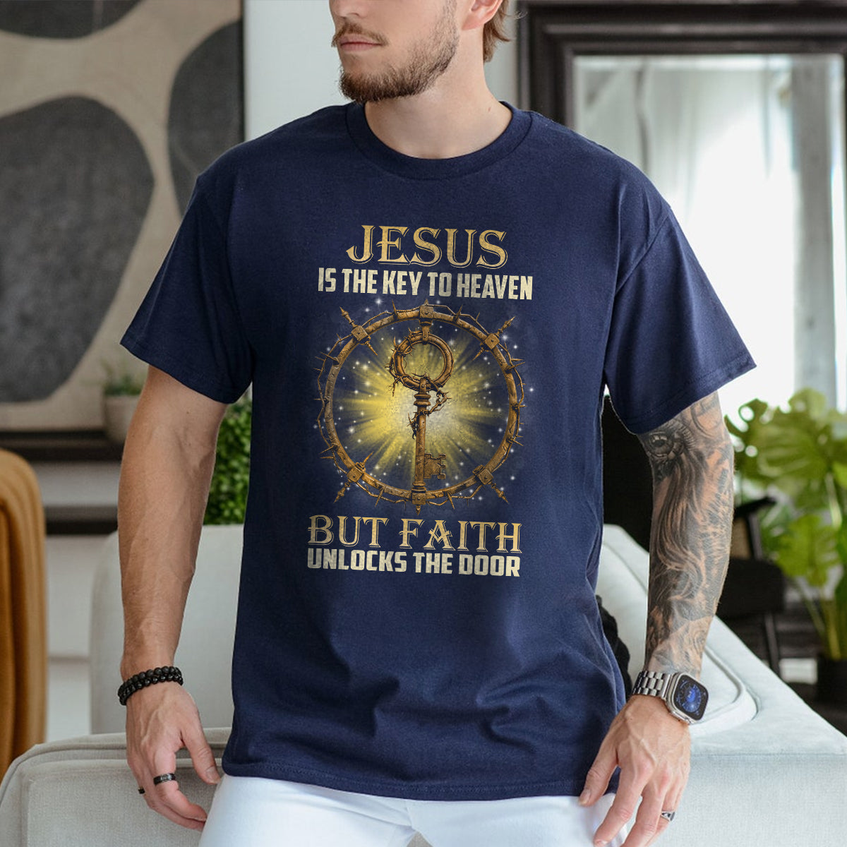Teesdily | Jesus Christ Shirt, Jesus Is The Key To Heaven Shirt, Christian Crown Shirt, Religious Gifts Unisex Tshirt Hoodie Sweatshirt Mug