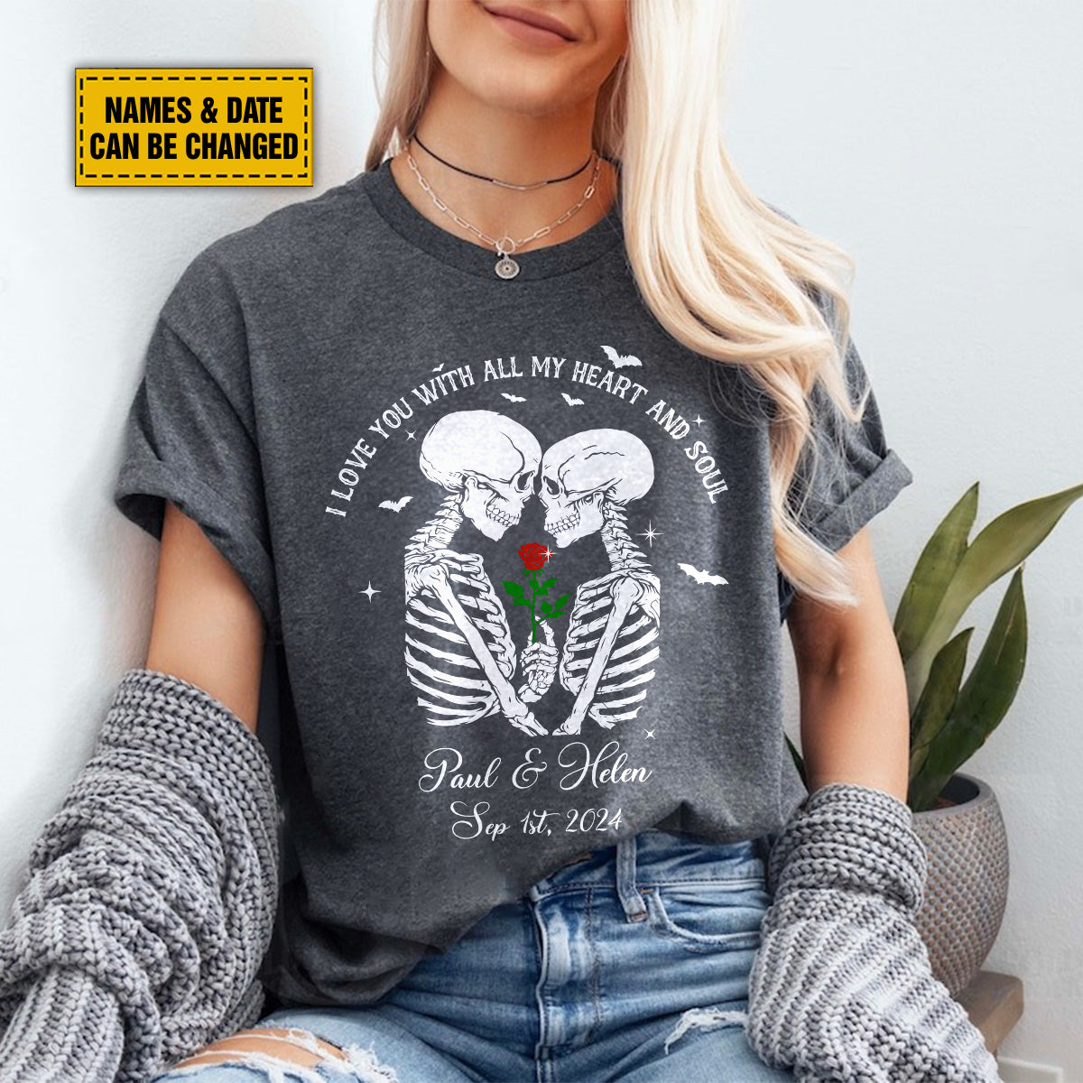 Teesdily | Customized Skull Couple Halloween Shirt, I Love You With All My Heart And Soul Sweatshirt Hoodie Mug, Couple Skull T-shirt, Halloween Gift