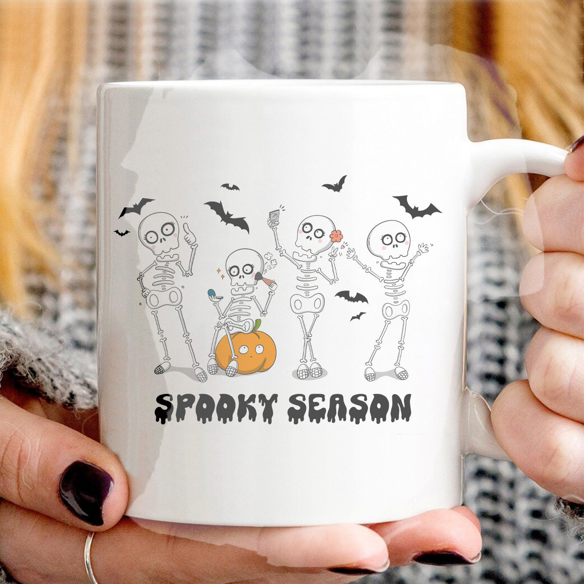 Teesdily | Funny Skeleton Halloween Shirt, Spooky Season Sweatshirt Hoodie Mug, Pumpkn Bat Skeleton Dancing Fall T-shirt, Gift For Halloween Holiday