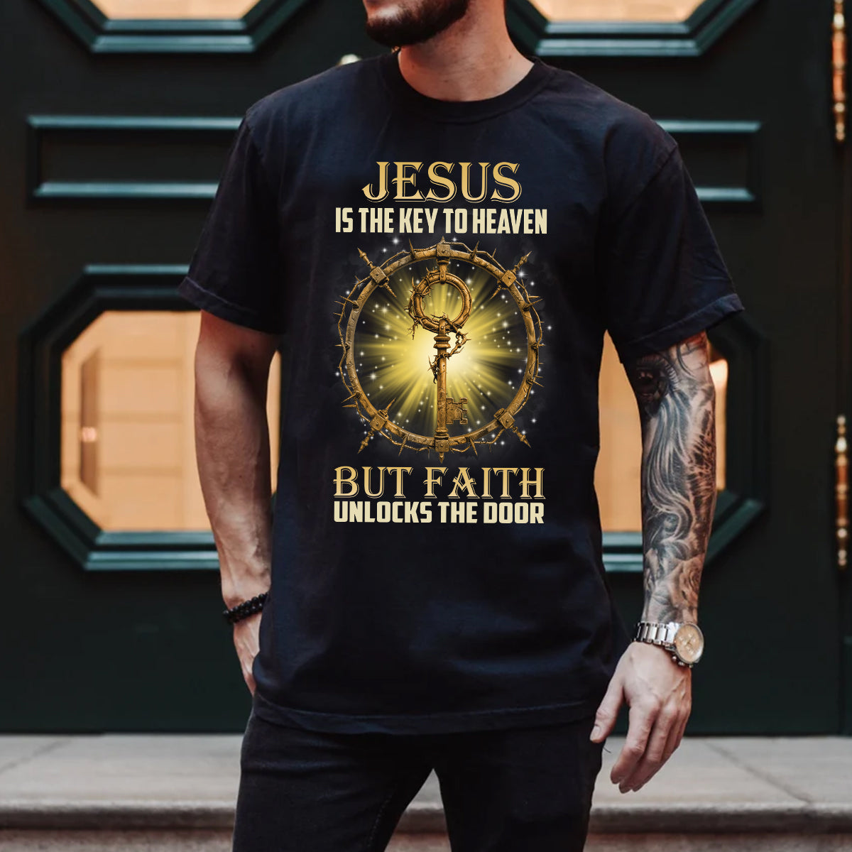Teesdily | Jesus Christ Shirt, Jesus Is The Key To Heaven Shirt, Christian Crown Shirt, Religious Gifts Unisex Tshirt Hoodie Sweatshirt Mug