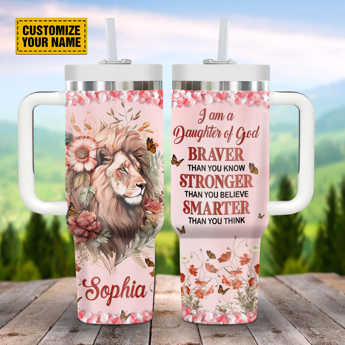 Teesdily | Customized Lion Floral Tumbler, I Am A Daughter Of God Tumbler, Religious Gifts For Women, Personalized 40Oz Tumbler With Handle & Straw