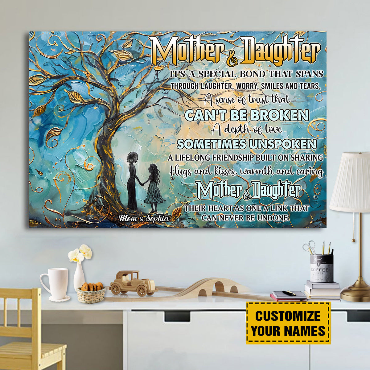 Teesdily | Customized Mother Daughter Tree Wall Art, Mom Daughter A Bond That Can'T Be Broken, Mothers Day Gifts Poster No Frame/ Wrapped Canvas