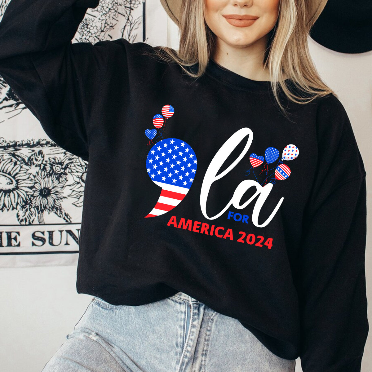Teesdily | Comma La Shirt, Comma La For America T-shirt, 2024 American Flag Balloon Sweatshirt Hoodie Mug, Patriot Gift, Madame Leader