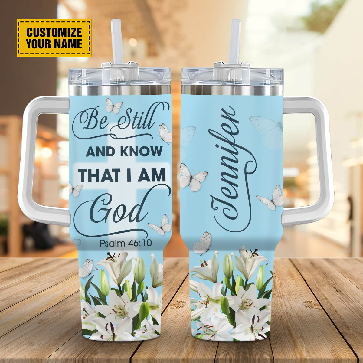 Teesdily | Customized Lily Butterfly Psalm 46:10 Tumbler, Be Still And Know Tumbler Cups, Christian Gifts For Women 40Oz Tumbler With Handle & Straw