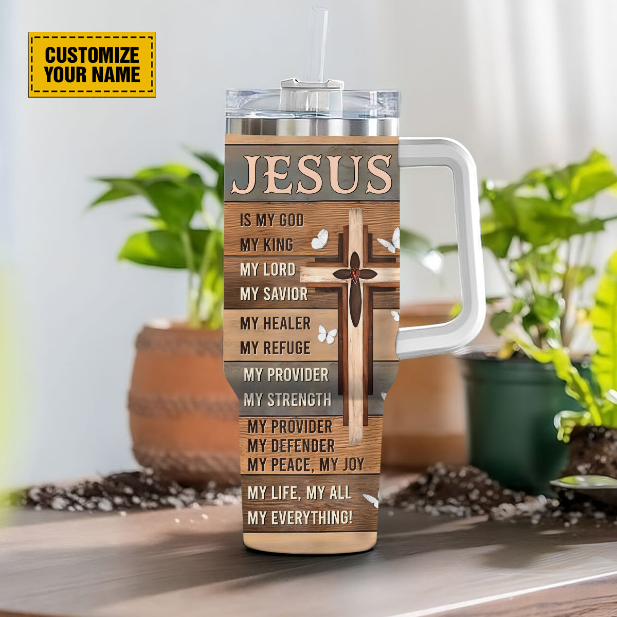 Teesdily | Jesus Cross Butterflies Tumbler With Handle, Jesus Is King Personalized Tumblers With Names, Faith Believer Religious Gifts For Men
Women