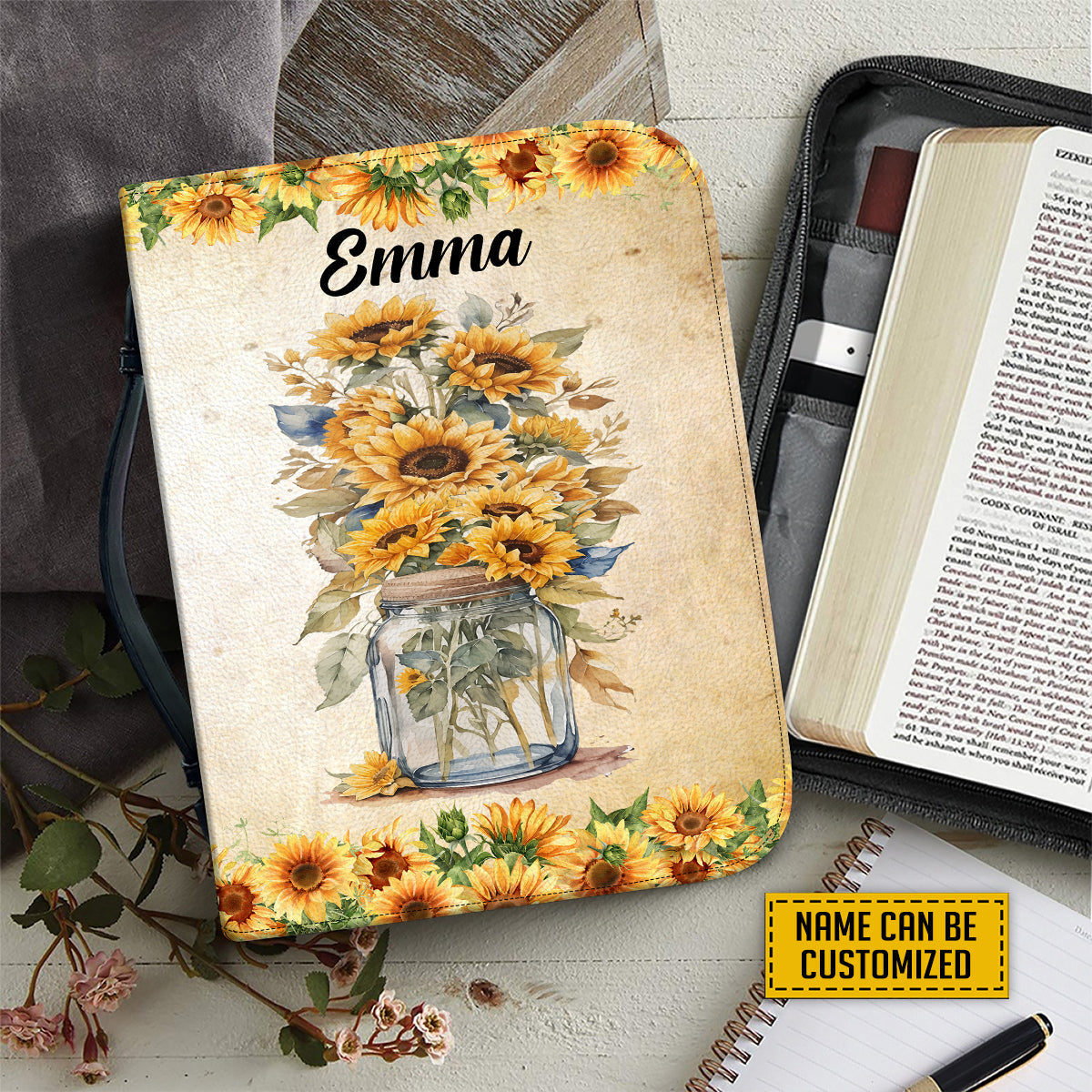 Teesdily | Personalized Sunflowers Bible Book Cover, Bible Emergency Numbers Bible Cover, Christian Bible Study, Religious Women Gift Handmade Bible Cover Case With Handle M-2XL