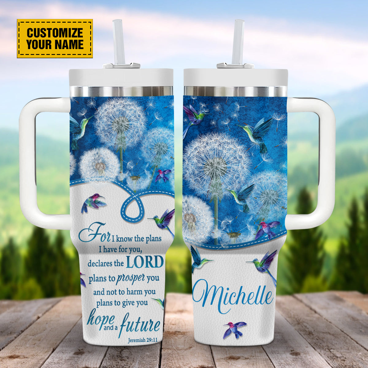 Teesdily | Customized  Hummingbird Dandelion Jeremiah 29:11 Tumbler, For I Know The Plans I Have, Christian Gifts 40Oz Tumbler With Handle & Straw