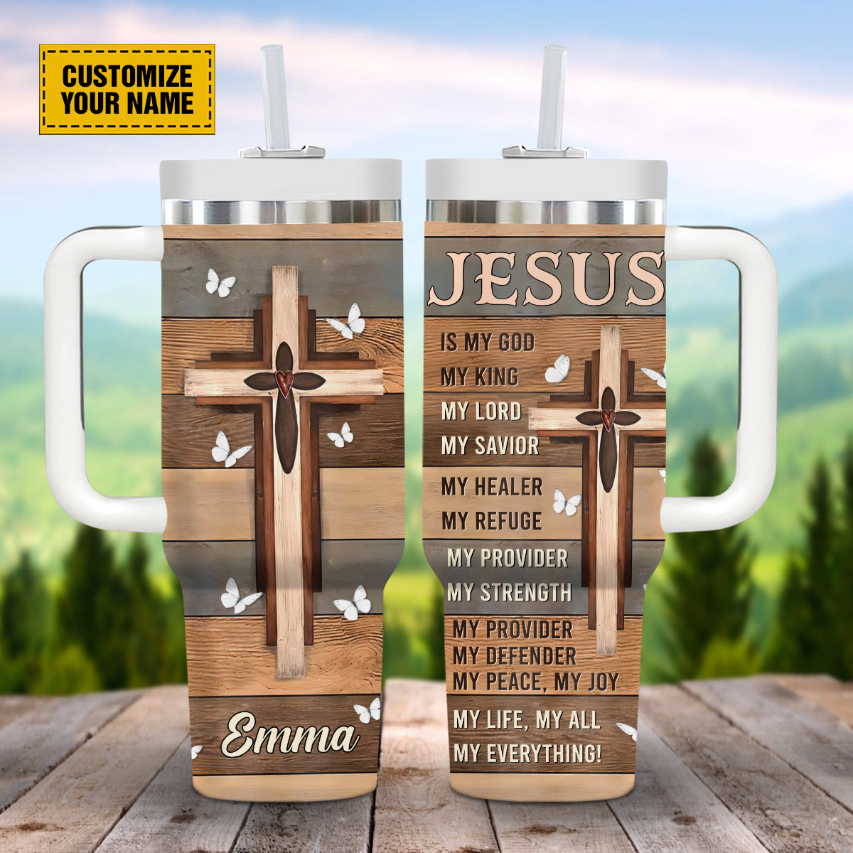 Teesdily | Jesus Cross Butterflies Tumbler With Handle, Jesus Is King Personalized Tumblers With Names, Faith Believer Religious Gifts For Men
Women