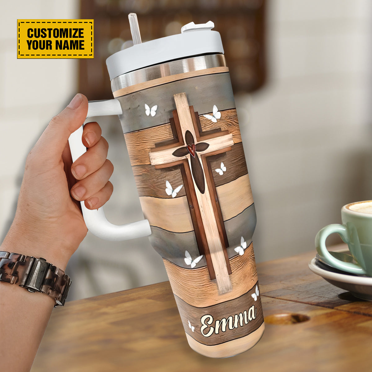 Teesdily | Jesus Cross Butterflies Tumbler With Handle, Jesus Is King Personalized Tumblers With Names, Faith Believer Religious Gifts For Men
Women