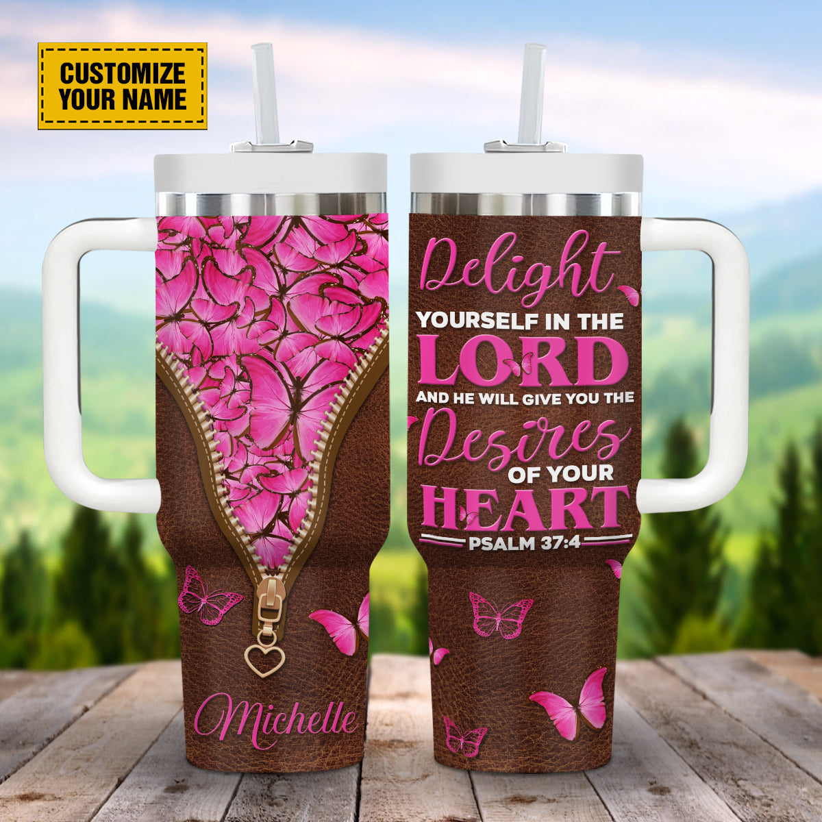 Teesdily | Customized Butterflies Pink Tumbler, Delight Yourself In The Lord Tumbler Cups, Religious Gifts For Women 40Oz Tumbler With Handle & Straw
