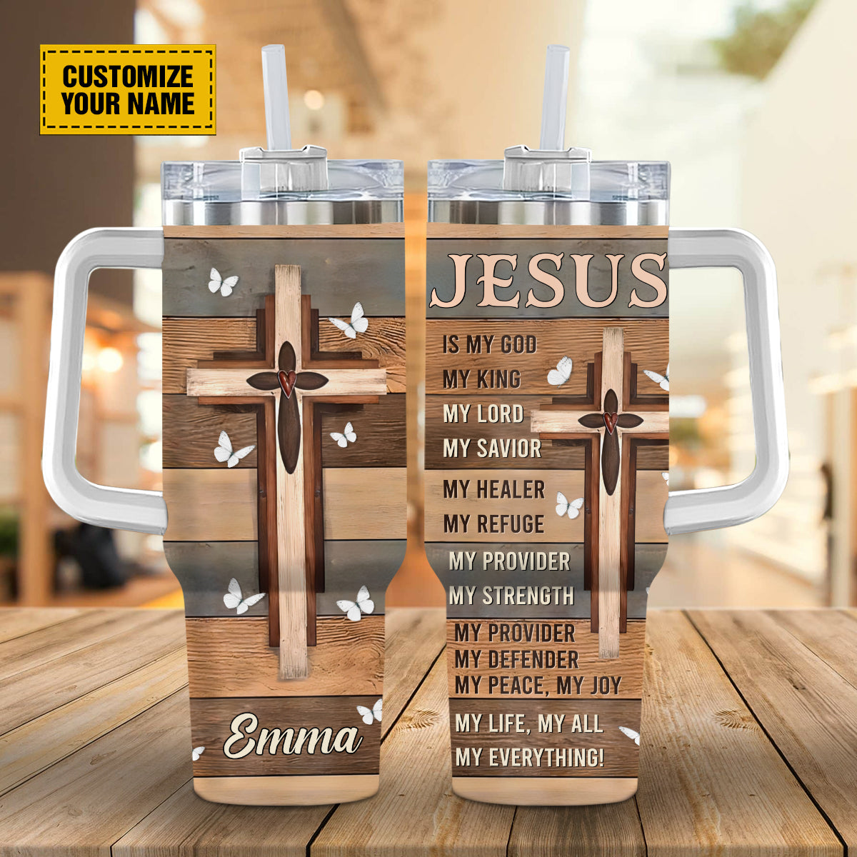 Teesdily | Jesus Cross Butterflies Tumbler With Handle, Jesus Is King Personalized Tumblers With Names, Faith Believer Religious Gifts For Men
Women