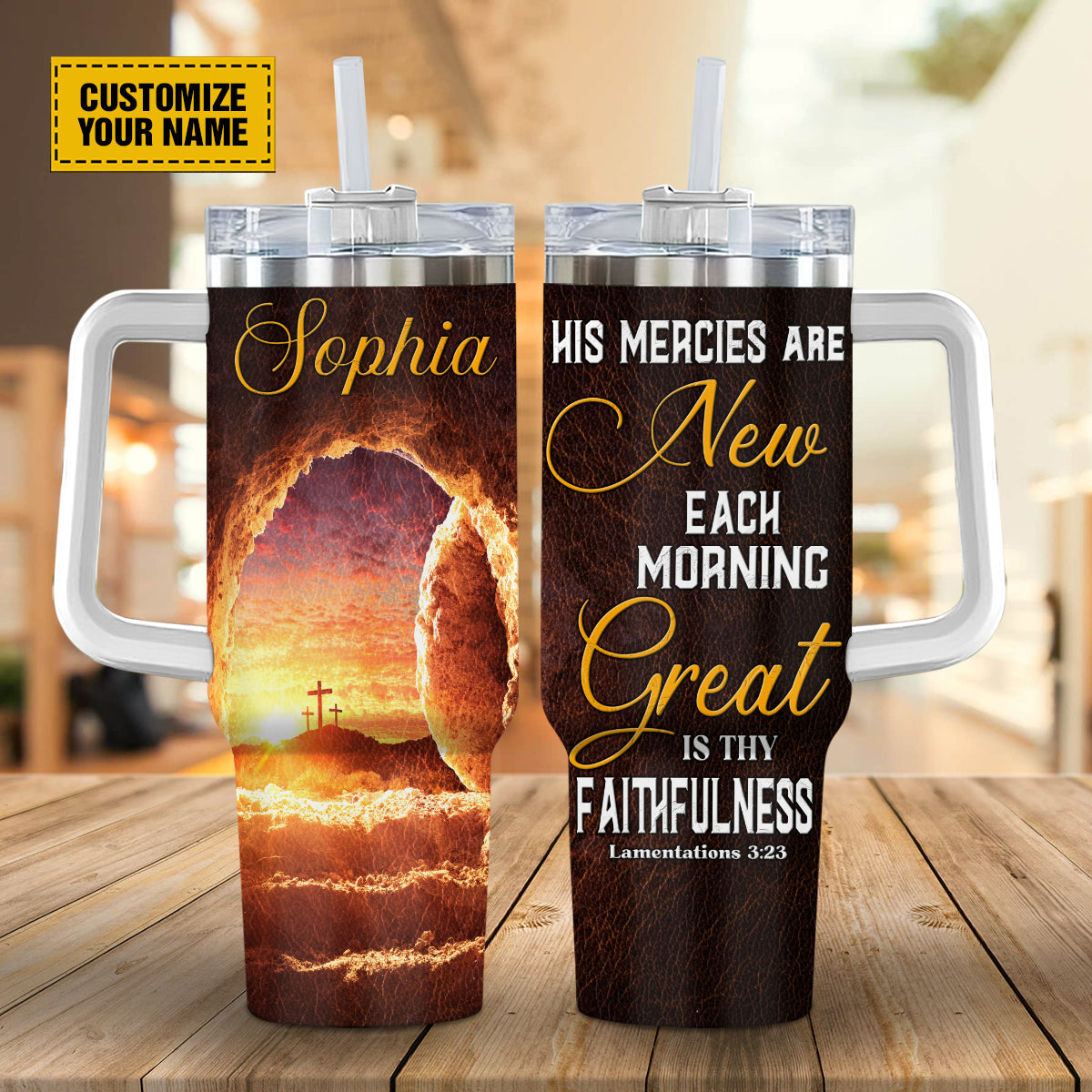 Teesdily | Customized Jesus God Bible Verses Tumbler, His Mercies Are New Each Morning Great Travel Cup, Jesus Lover Gifts 40Oz Tumbler With Handle & Straw