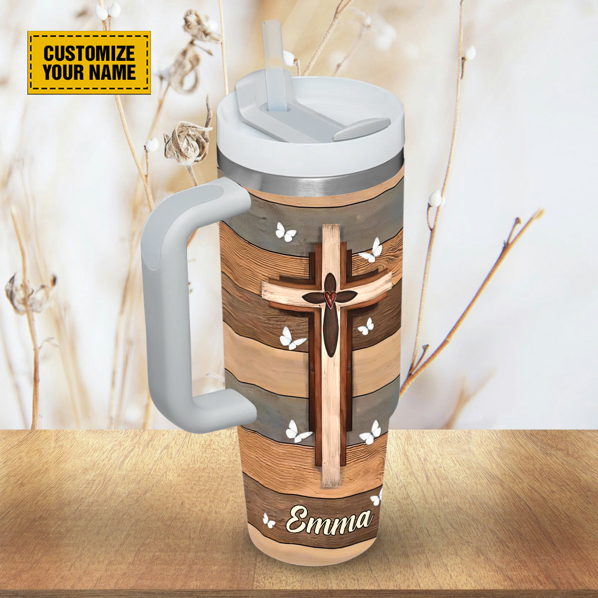 Teesdily | Jesus Cross Butterflies Tumbler With Handle, Jesus Is King Personalized Tumblers With Names, Faith Believer Religious Gifts For Men
Women