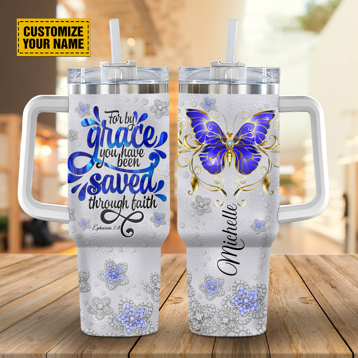 Teesdily | Customized Ephesians 2:8 Butterfly Tumbler, For By Grace You Have Been Saved Tumbler Cups, Christian Gift 40Oz Tumbler With Handle & Straw