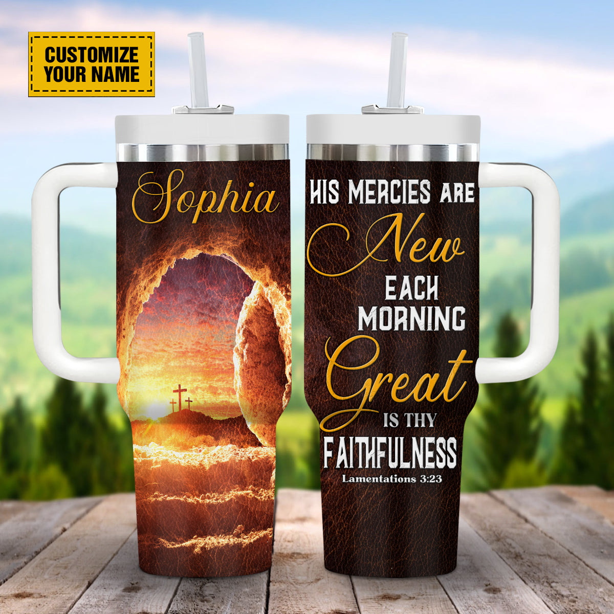 Teesdily | Customized Jesus God Bible Verses Tumbler, His Mercies Are New Each Morning Great Travel Cup, Jesus Lover Gifts 40Oz Tumbler With Handle & Straw