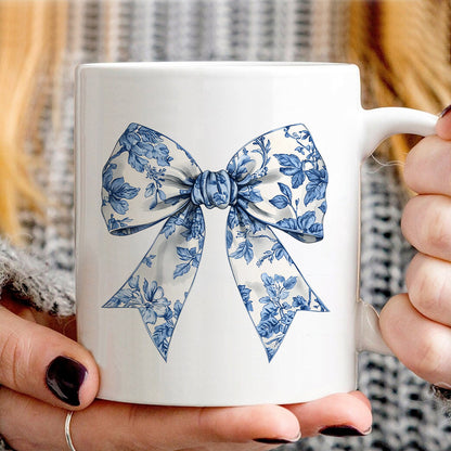 Teesdily | Toile De Jouy Coquette Bow Shirt, Blue Ribbon Sweatshirt, Toile Blue Bow Hoodie Mug, Girly Aesthetic Gift For Mom Sister