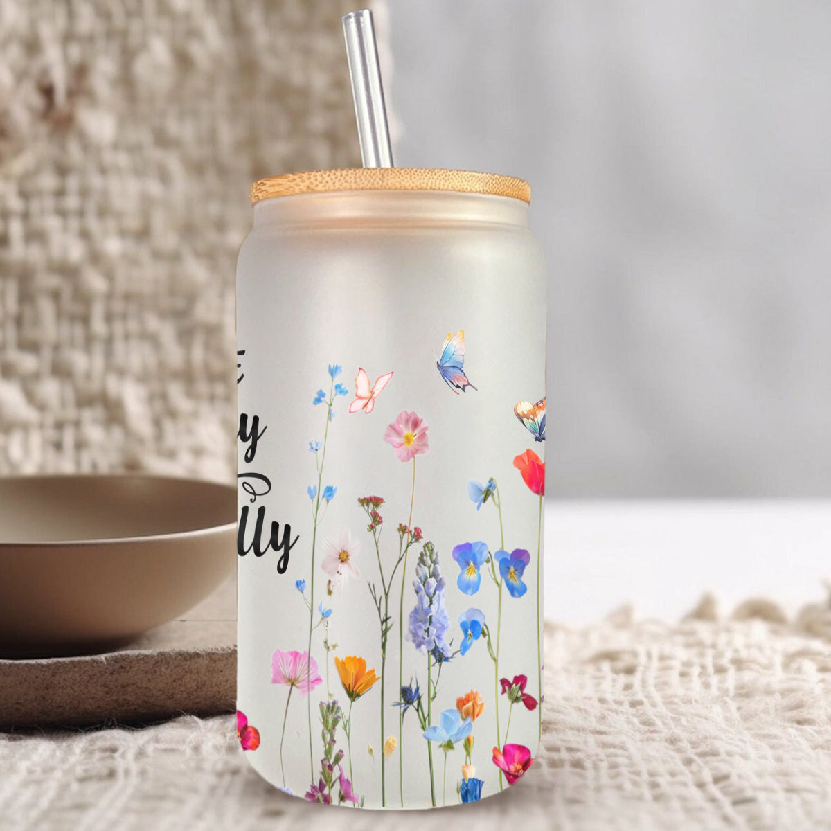 Teesdily | Wildflower Bible Verse Glass Can, You Are Fearfully And Wonderfully Made Frosted Can With Straw, Inspirational Gifts For Women