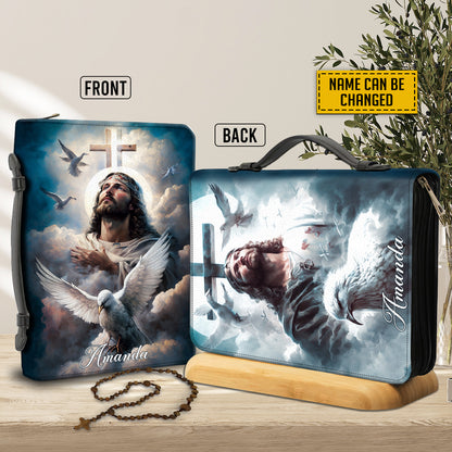 Teesdily | Customized Jesus Praying Doves Bible Holder Jesus Heaven Personalized Bible Case Religious Gift For God Believers