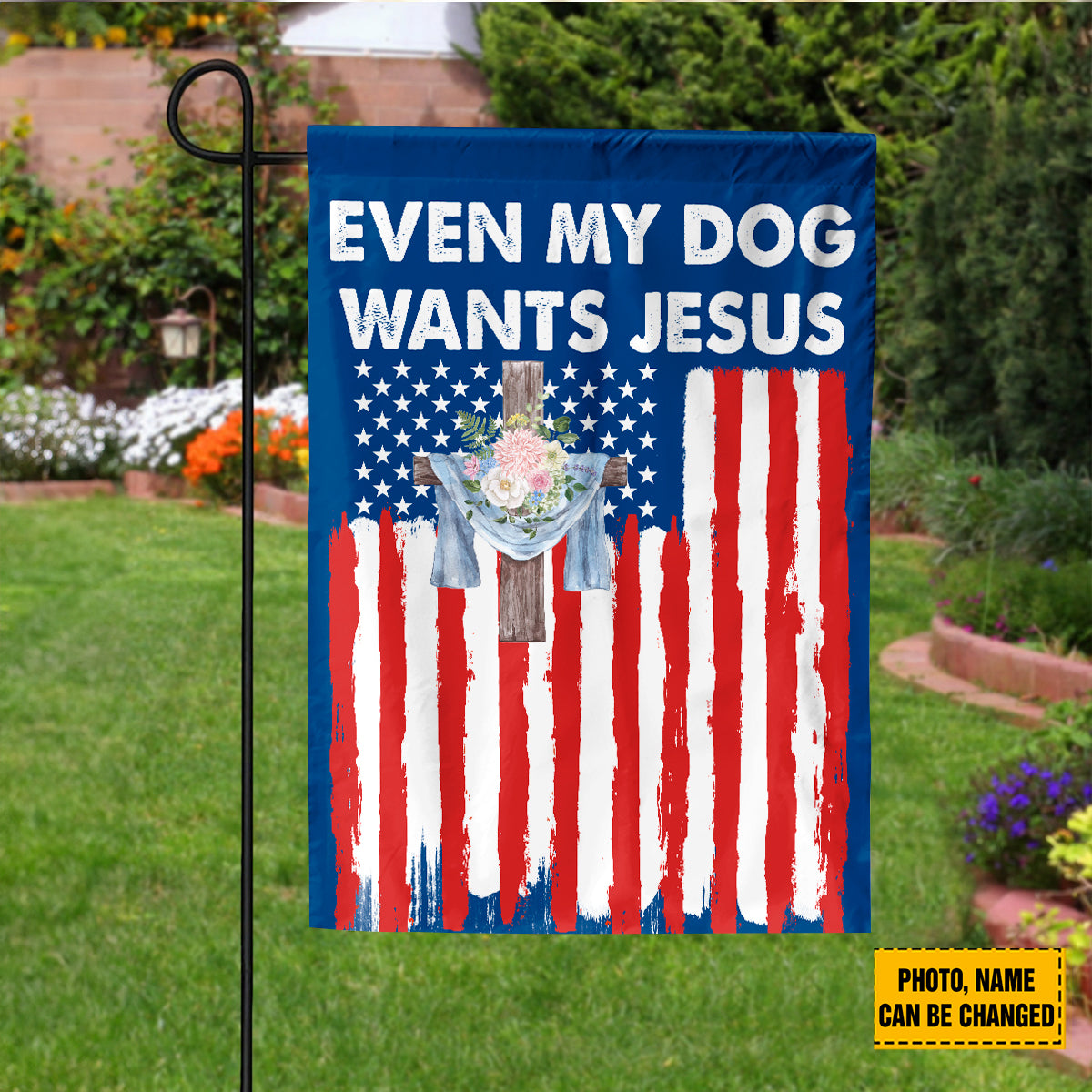 Teesdily | Customized Golden Retriever American Flag Home, Even My Dog Wants Jesus Garden Flag, Patriot 4th Of July House Flag Decor, Dog Lover Gift