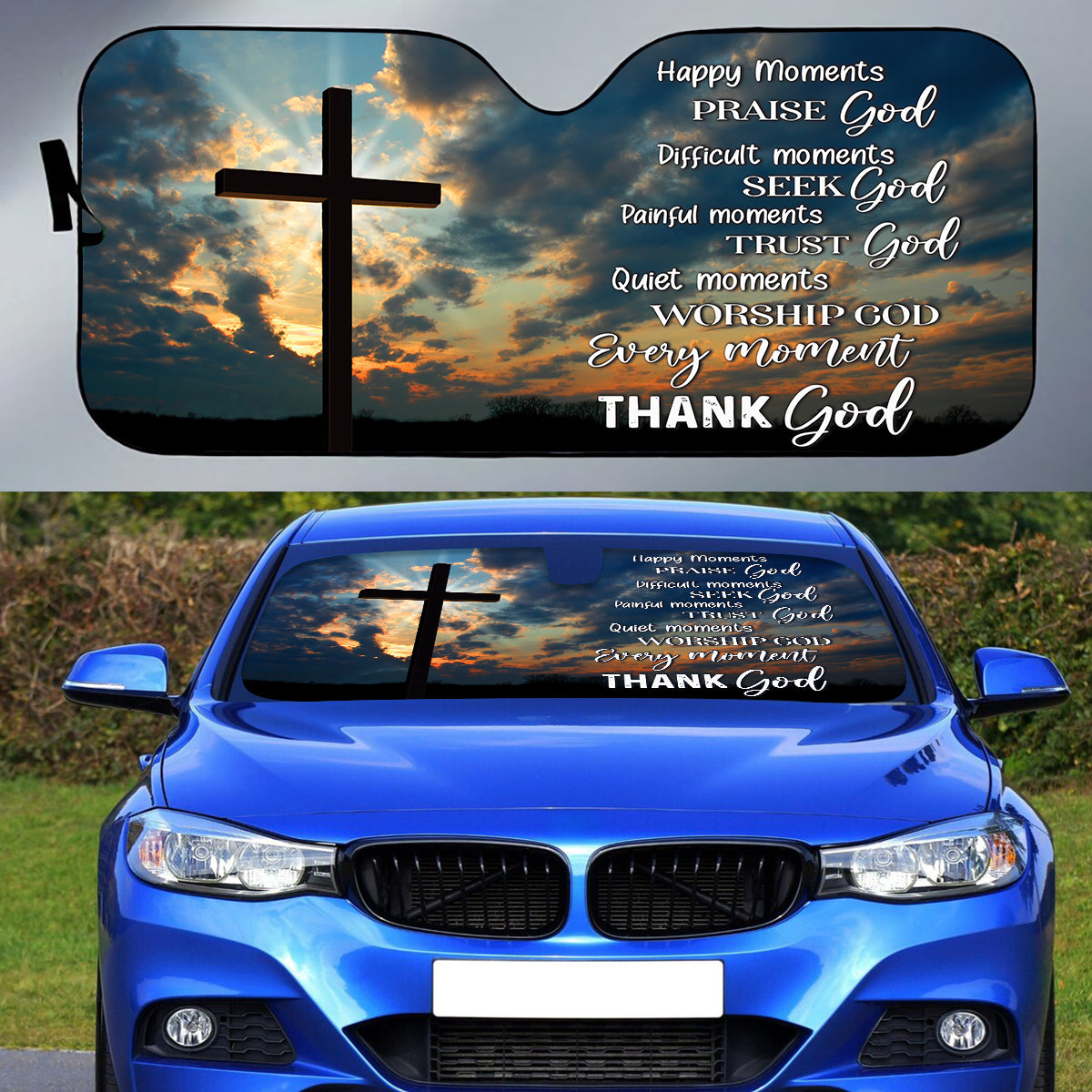 Teesdily | Cross Over Sunset Windshield Sun Shade, Every Moment Thank God Car Window Sunshade, Christian Car Accessories, God Believer Gifts