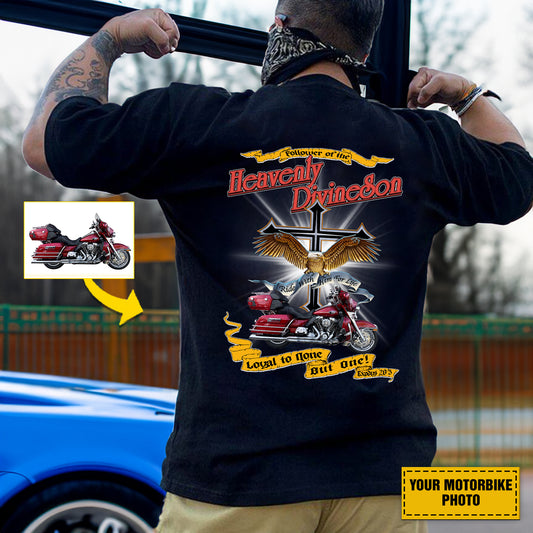 Teesdily | Customized Christian Biker Shirt, Follower Of The Heavenly Divineson Back Design Shirt Sweatshirt Hoodie Mug, Motorcycle Lovers Gifts
