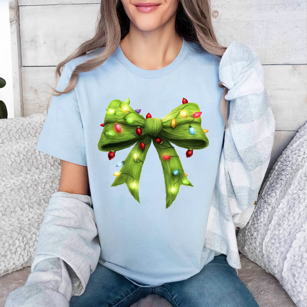 Teesdily | Green Christmas Coquette Bow Shirt, Green Fur Bow Christmas Sweatshirt, Christmas Light Bow Hoodie, Retro Christmas Gift