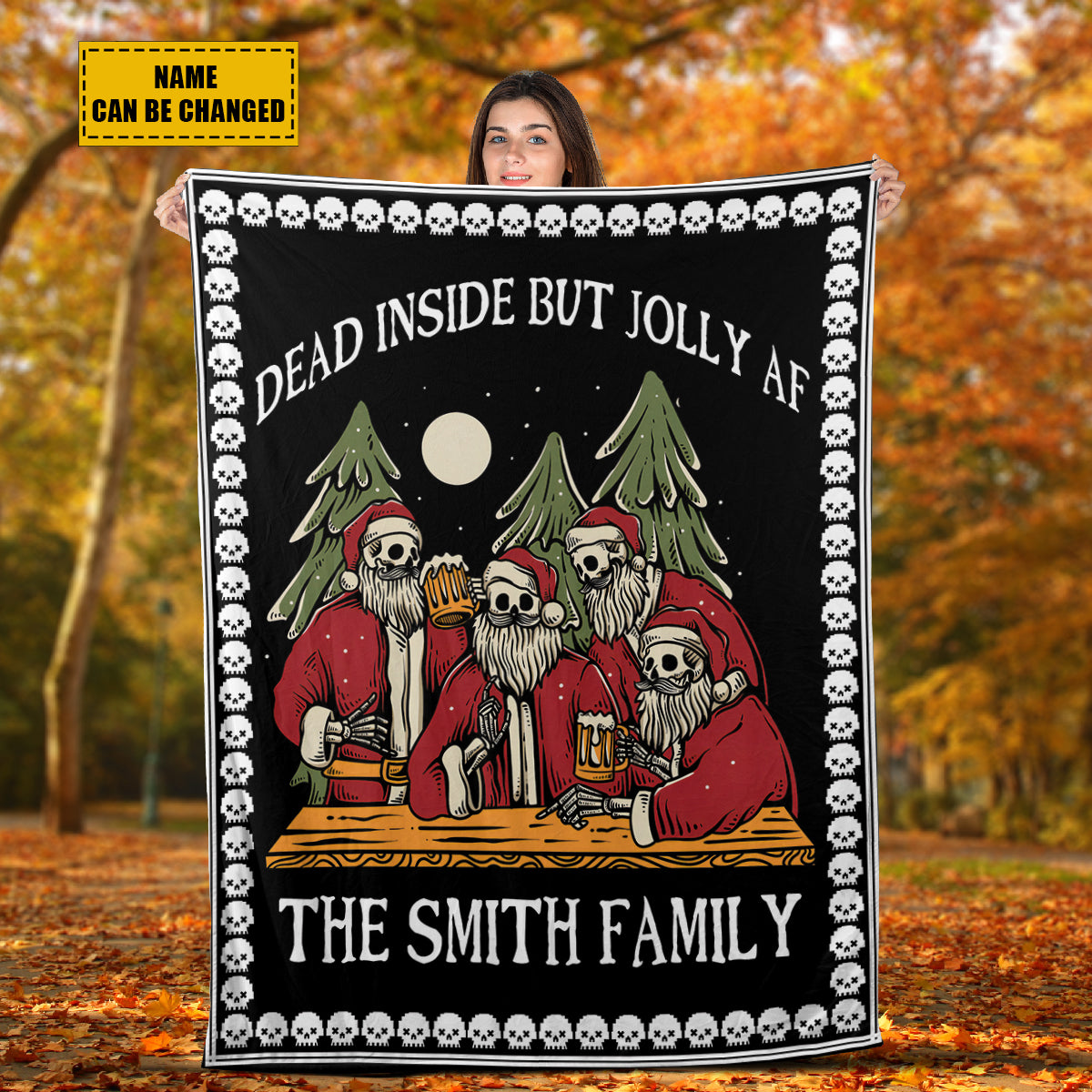 Teesdily | Custom Family Name Dead Inside But Jolly Af Skull Christmas Blanket Funny Skull Pixel Print Sherpa Blanket Gothic Family Gifts Home Decor