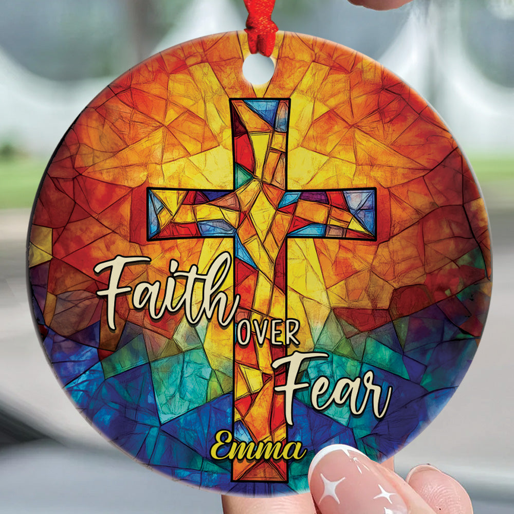 Teesdily | Customized Jesus Cross Stained Glass Print Ornament Christmas, Faith Over Fear Christian Art Ornament Religious Gift