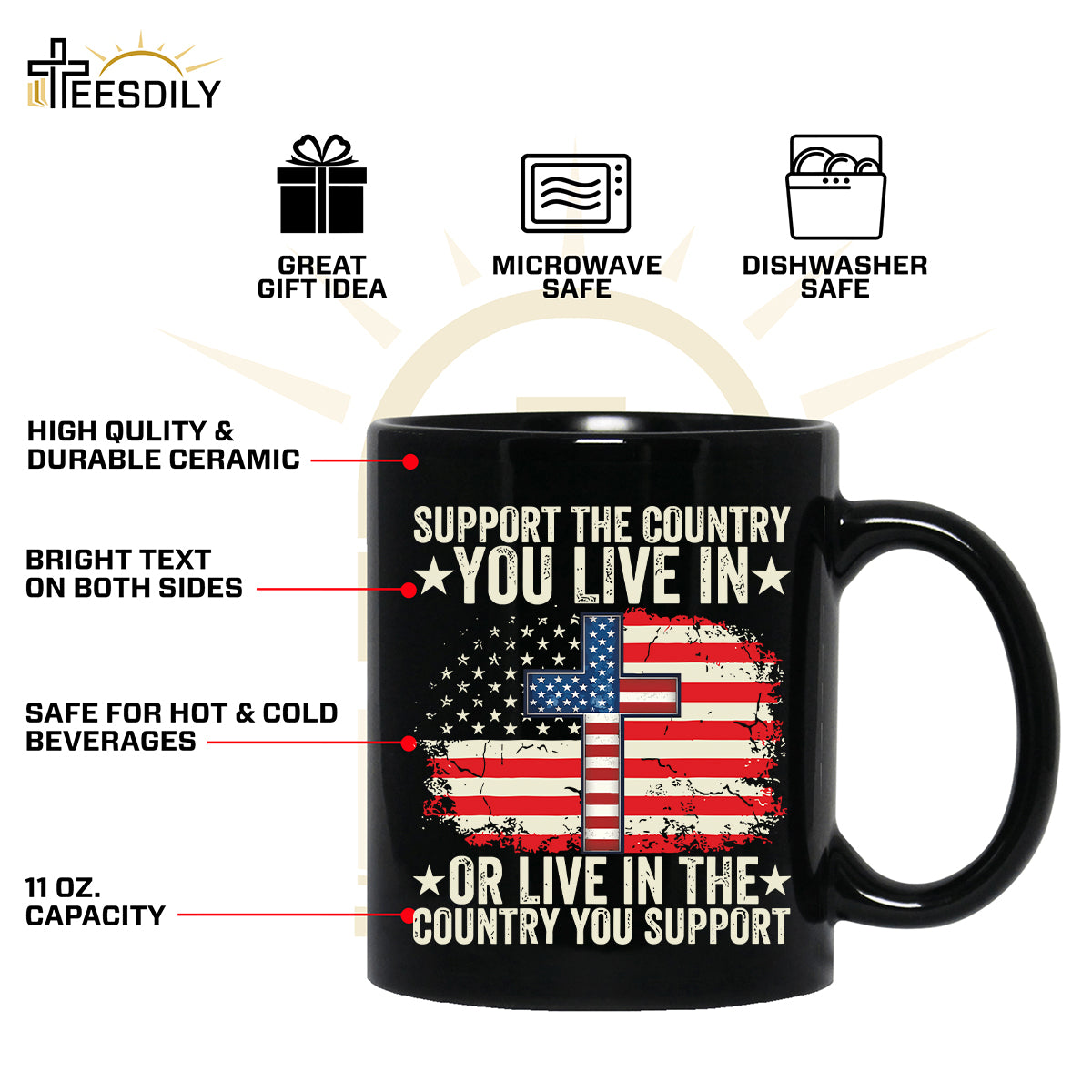 Teesdily | American Flag Jesus Cross Shirt, Support The Country You Live Tee Sweatshirt Hoodie Mug, Jesus Lovers Gifts, Patriotism Shirt