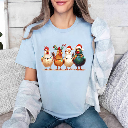 Teesdily | Christmas Chicken Light Shirt, Santa Chicken T-shirt, Farm Animal Sweatshirt, Christmas Farm Hoodie Mug, Chicken Lover Gift