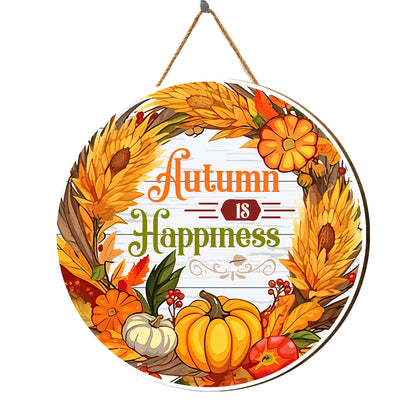 Teesdily | Thanksgiving Front Door Sign, Autumn Is Happiness Sign Wooden Hanging Sign, Fall Harvest Farm Wood Signs Home Decor, Housewarming Gifts