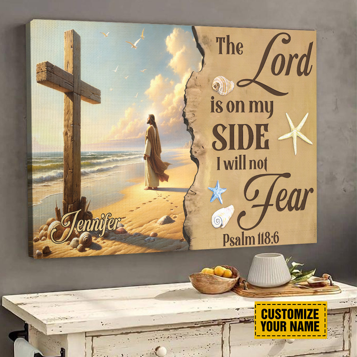 Teesdily | Customized Jesus Beach Art Canvas Print, The Lord Is On My Side Poster Canvas, Nautical Beach Theme Home Decor, Christian Gifts