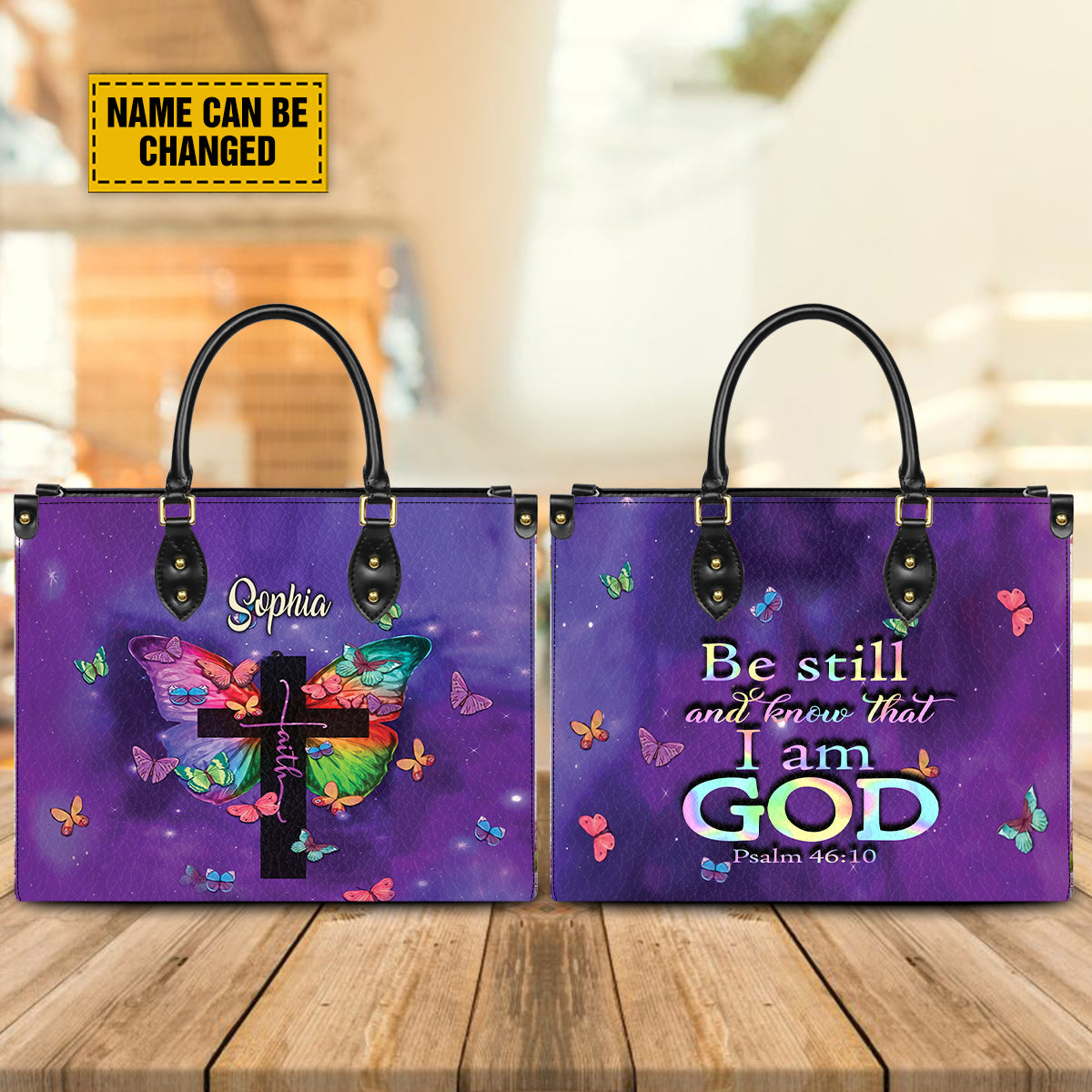 Teesdily | Personalized Jesus Faith Butterfly Handbag Women, Be Still And Know That I Am God Bag, Christ Cross Butterfly Bag, Christmas Gift For Mom